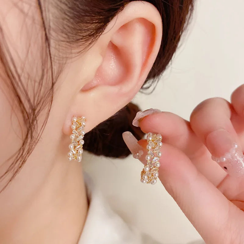 Minimalist S925 Silver Needle Earrings 14K Gold Plated Hoop Earrings Pearl Inlaid Zircon Earrings Women
