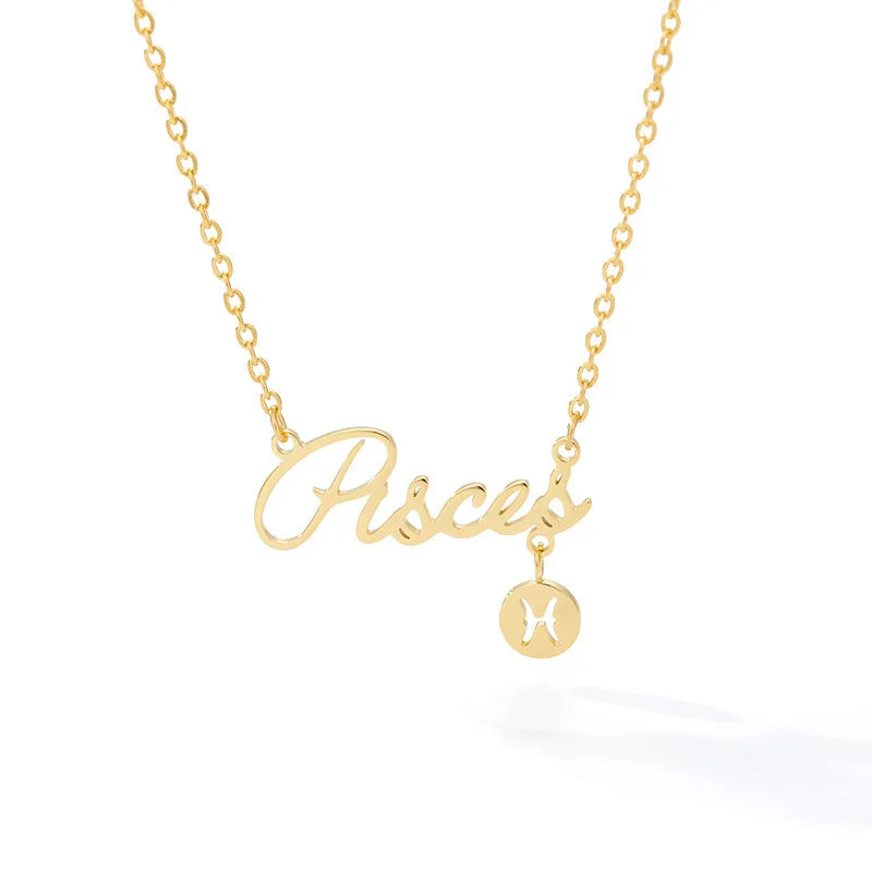 Popular Ins Style 18k Gold-plated Stainless Steel Necklace Fashionable Personality Minimalist Zodiac English Jewelry Accessories