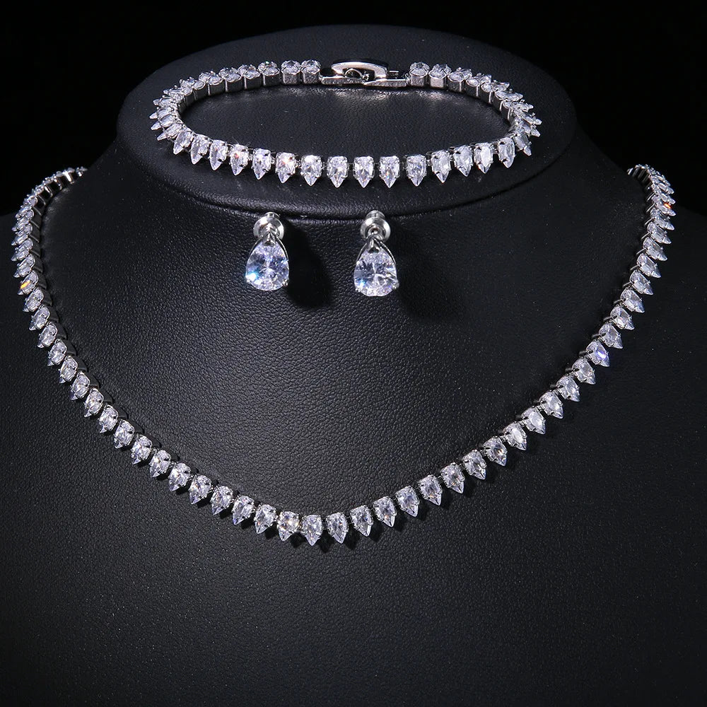 Fashion Diamond Inlaid Zirconia Necklace Earrings Bracelets Three Piece Set for Bride and Wedding Accessories