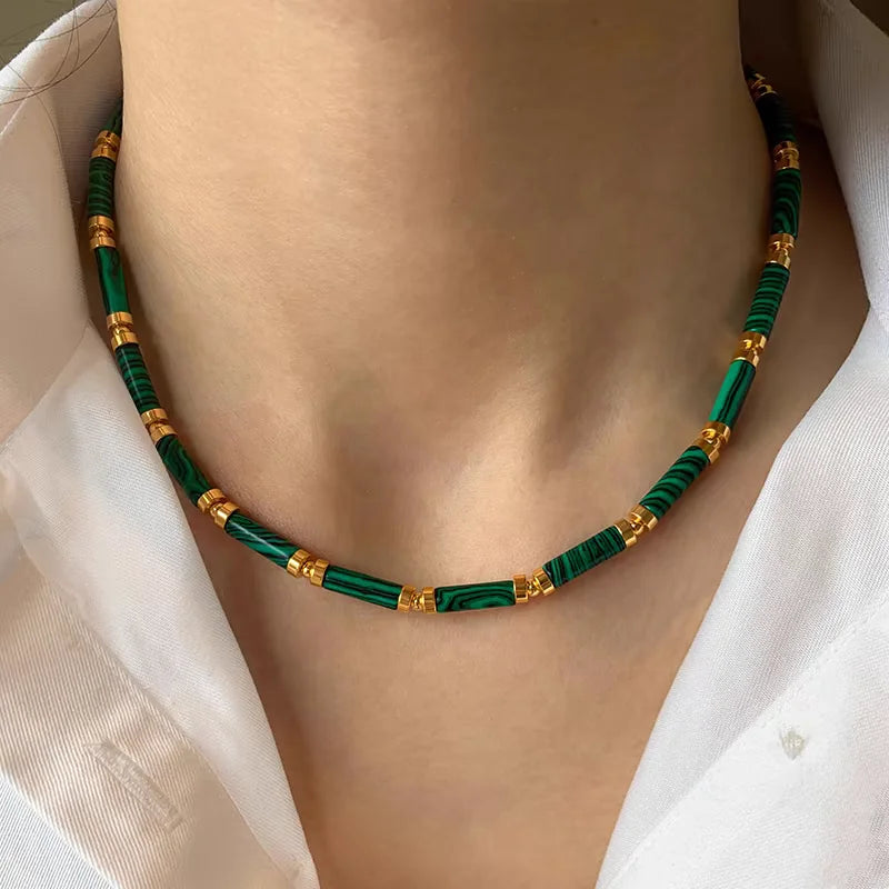 2024 New Premium Vintage Brass Electroplated 18k Gold Chain Natural Malachite Necklaces Jewelry Gift Hot Sale