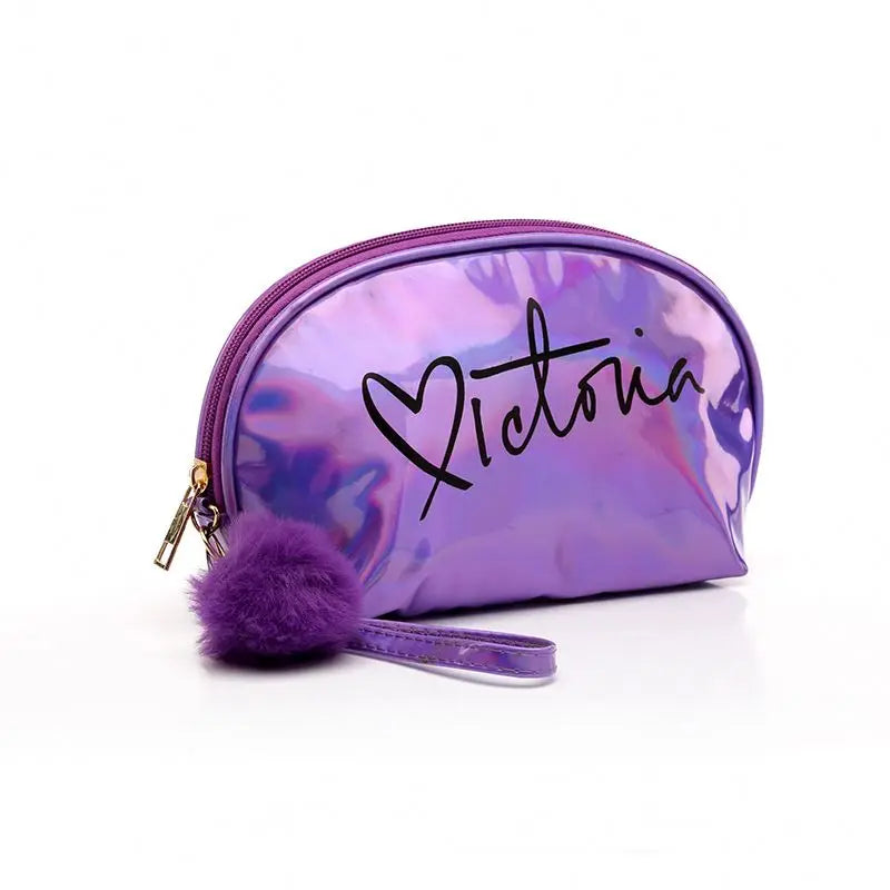 Stylish Travel Shell Shape Iridescent PU Makeup Bag Portable Holographic Leather Cosmetic Bag With Hairball
