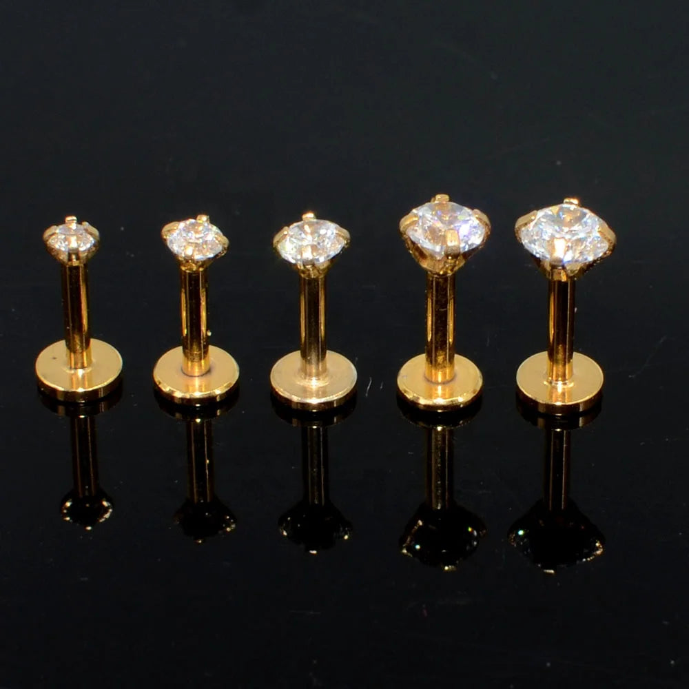 Zircon Labret Stud 16G Internal Thread Flat Base Tragus Piercing Silver Gold Lip Studs Cartilage Earring Made Stainless Steel