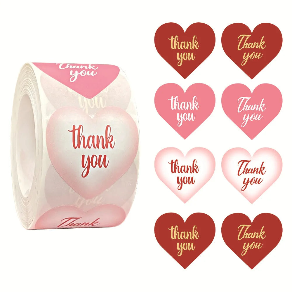 Love Heart Shape 500pcs/Roll "Thank You" Stickers Packaging Label Sticker for Valentine's Day Thanksgiving