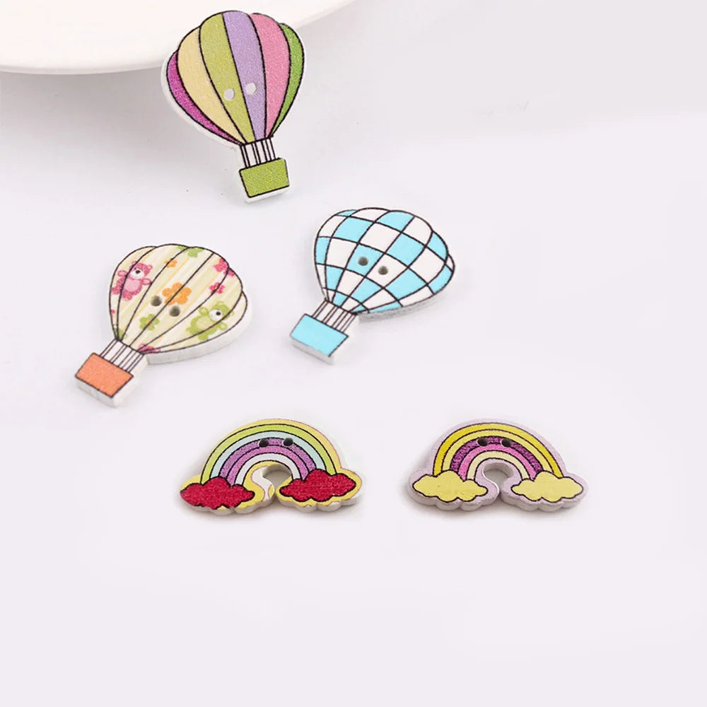 Lovely Two Hole Flatback Hot air Fire Balloon rainbow Design Diy Craft Wooden Button
