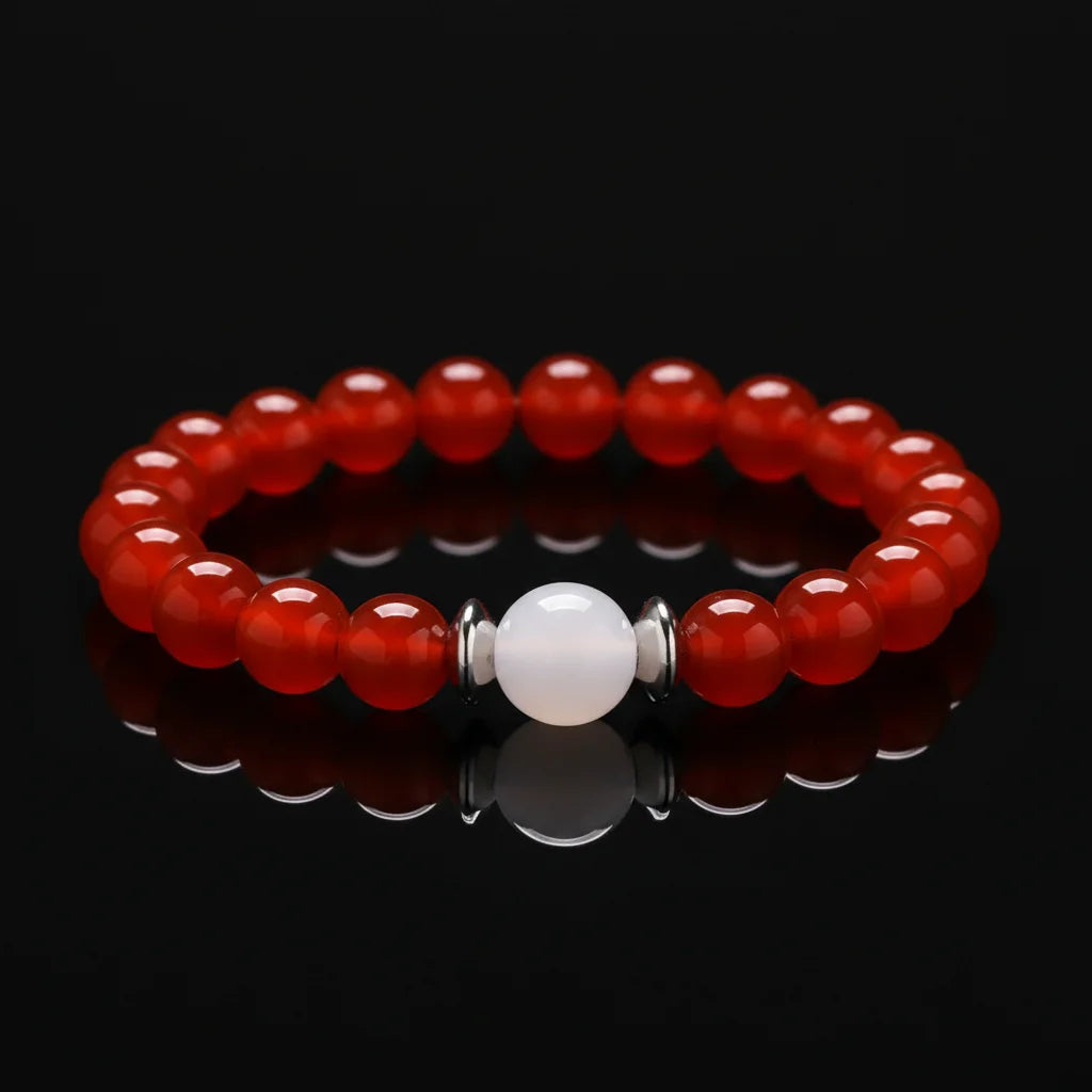 6mm 8mm Natural Black Onyx White Onyx Red Carnelian Agate Stainless Steel Spacer Couple Stone Stretch Bracelet