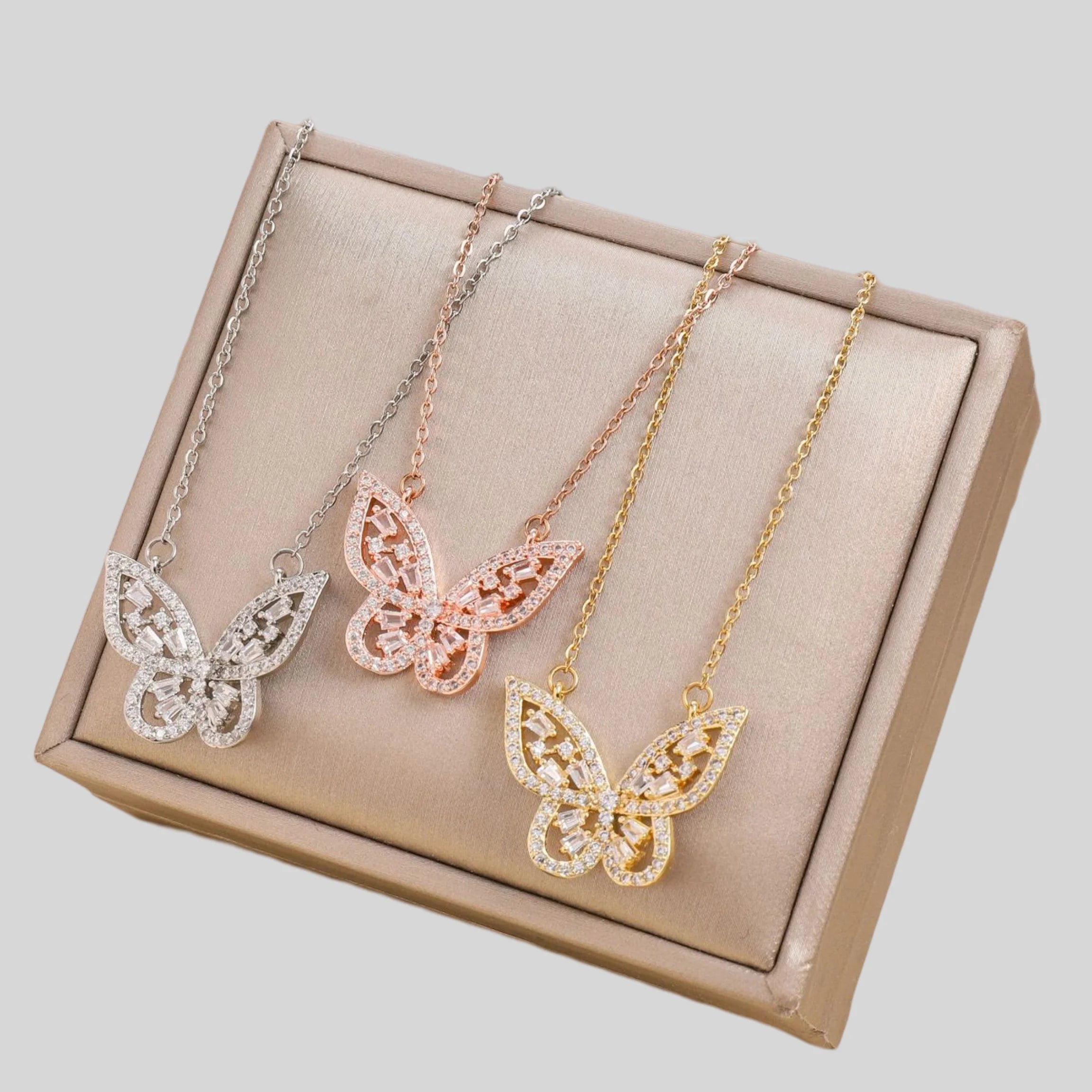 Rose Gold & 18K Gold Plated Stainless Steel Butterfly Necklace with Zircon Diamond Link Chain Butterfly Charm Pendant