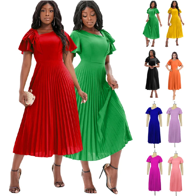 AM211235 Latest Design Summer Dresses Women Lady Elegant A-Line Pleated Elegant Casual Dresses Ladies Office Career Dresses