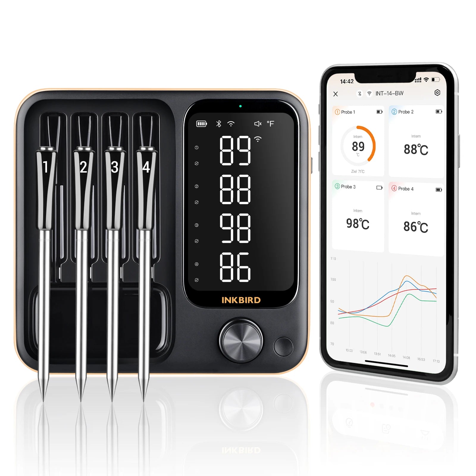 INKBIRD 4 Probes Truly Wireless Thermometer BBQ Thermometer Grill Rechargeable Smart Digital Bluetooth WiFi Kitchen