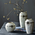 Antique White Ceramic Vase with Metal Rim Rustic Retro Pottery for Home Decor Flower Arrangement Accessories