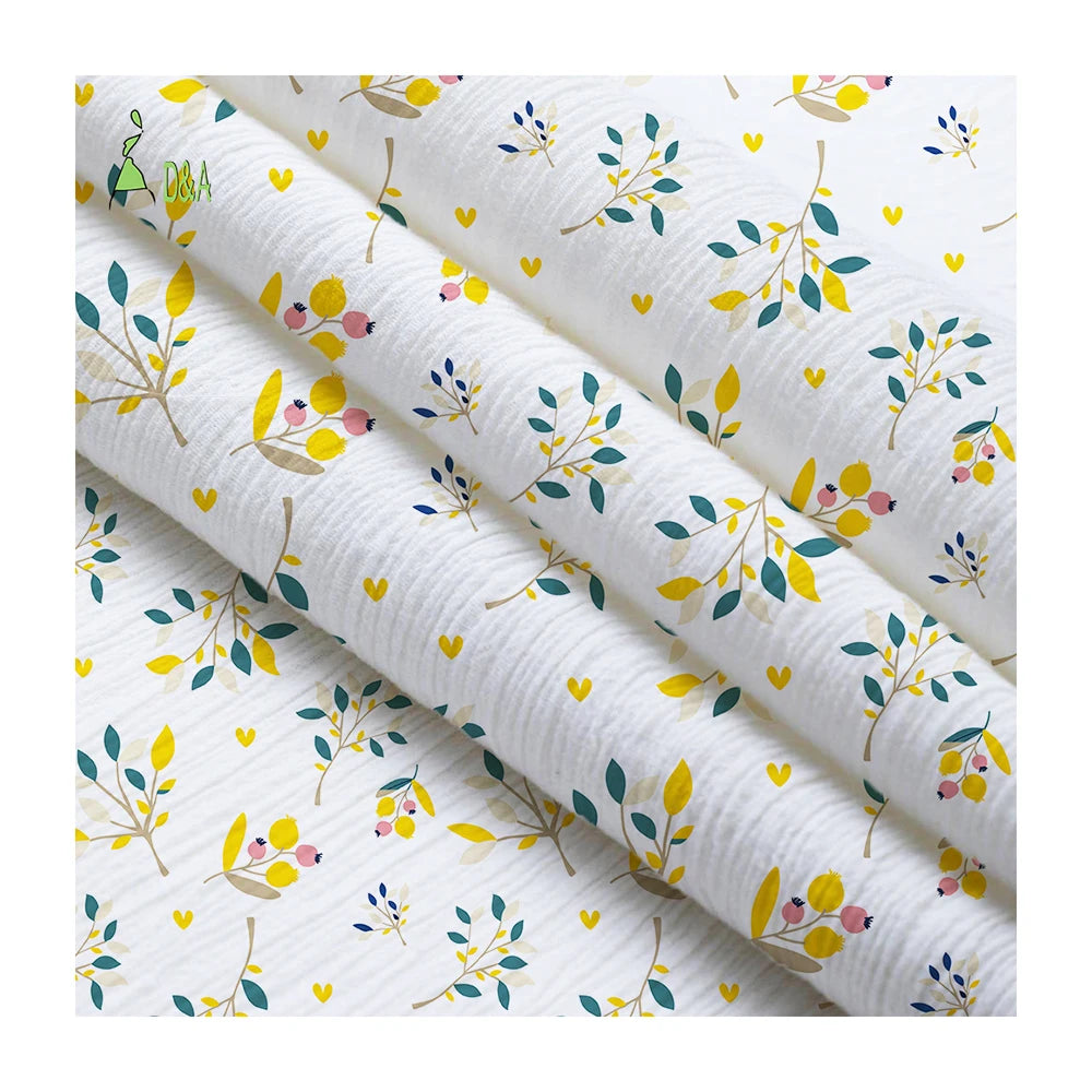 Cute Leaves Floral Digital Printing Crinkle Muslin Double Gauze Crepe 100% Organic Cotton Fabric Woven 120gsm for Clothing