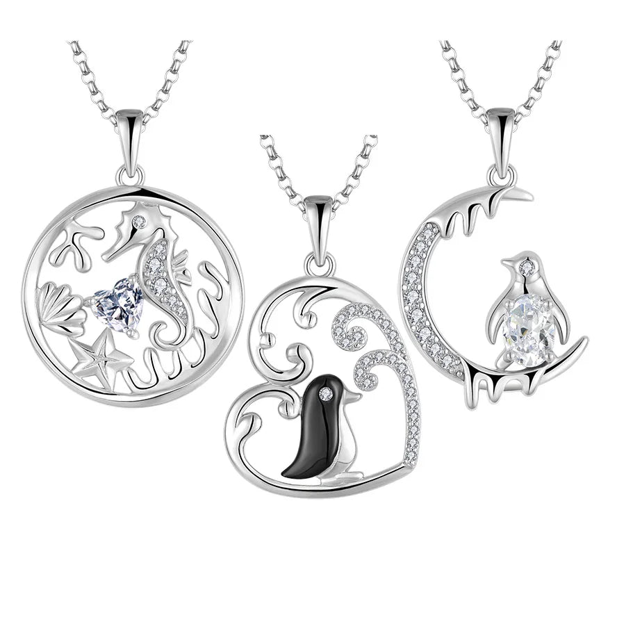 Summer Beach 925 Sterling Silver Penguin & Sea Life Animal Pendants Necklaces With CZ and Rhodium Plating