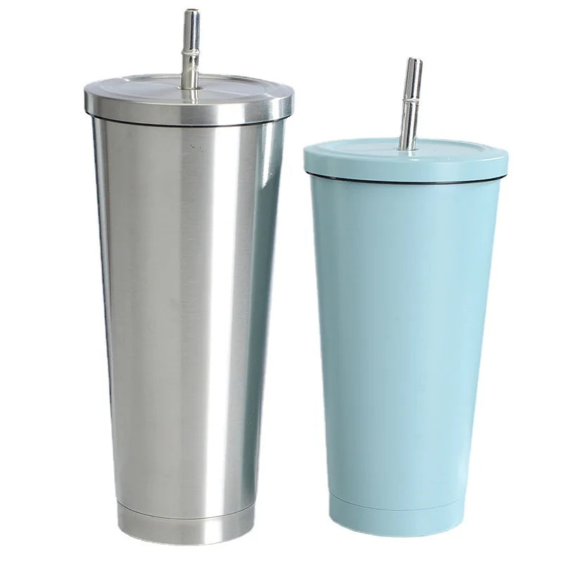 Wholesale Double Wall 16oz Stainless Steel Straw Tumbler Coffee Mug With Straw Vacuum Cup Stainless Steel Mug