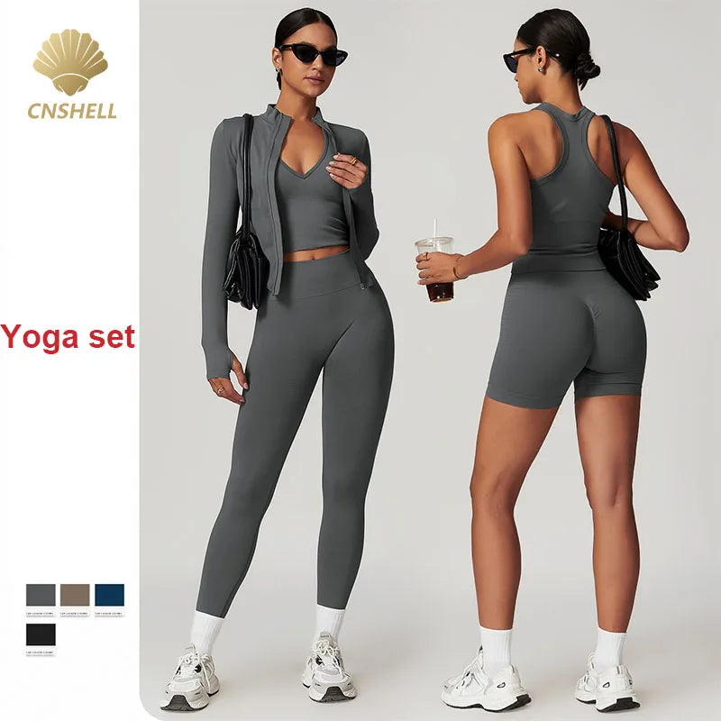 CNSHELL Custom Logo Nylon Seamless Tight Beautiful Back Scrunch Butt Yoga Workout Gym Fitness Sports 2 Pieces Set