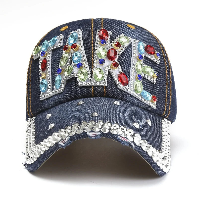 Custom Women Fashion Dad Rhinestone Denim Hats Bling Diamond Cap