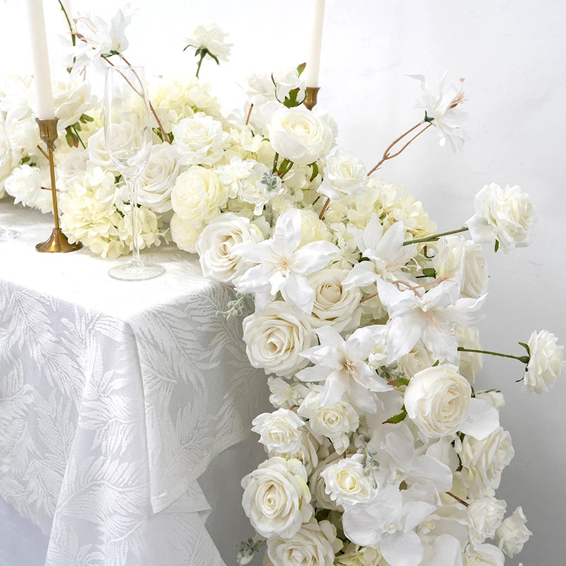 Artificial Flower Table Runner Decorative Beige Rose Wedding Table Flowers Decoration