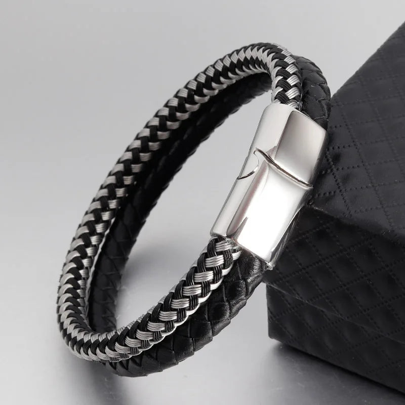 Fine Jewelry Italian Steel Viking Nautical Rudder Bracelets Bangle Handmade Genuine Leather Bracelet Homme Magnetic Clasp OT-004