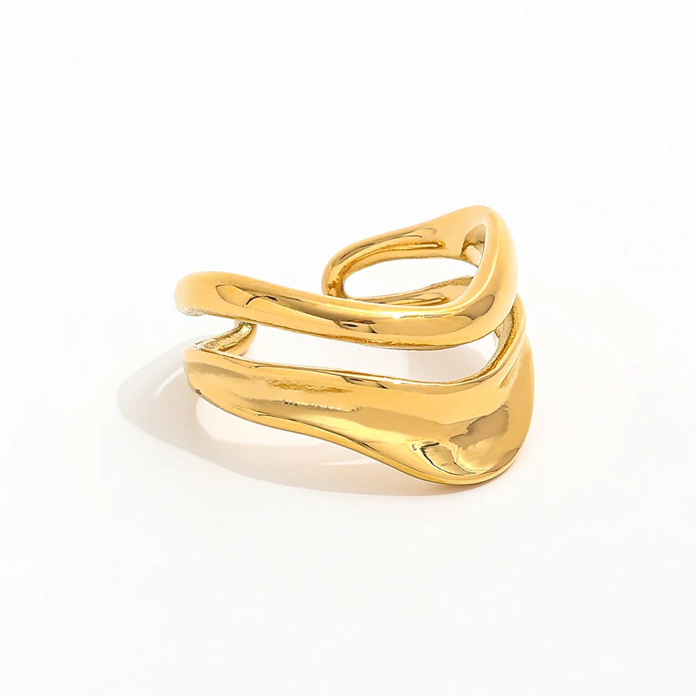 Joolim Women's 18K Gold Plated Stainless Steel Jewelry Classic Style Double-Layer Hollow Open Ring Engagement Party Wholesale