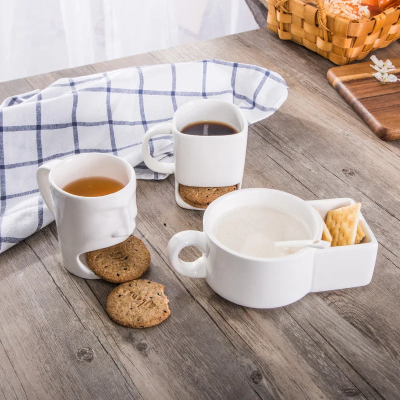 New arrive human face ceramic mug White Cookies Cup with Biscuit Pocket Holder