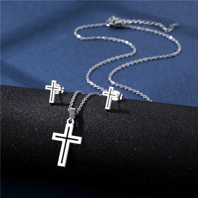 Stainless Steel Necklace Female Hollow Out Cross Earring Necklace Set