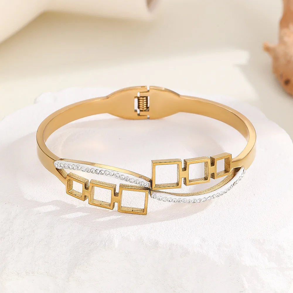Luxury Diamond Zircon 18k Gold Plated Stainless Steel Square Bracelet
