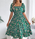 New Spring Summer Europe America Floral Patterns Square Neckline Short-sleeved Shirt A-line Skirt Batwing Hem A-shaped Dresses