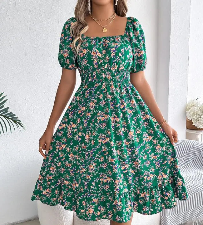 New Spring Summer Europe America Floral Patterns Square Neckline Short-sleeved Shirt A-line Skirt Batwing Hem A-shaped Dresses