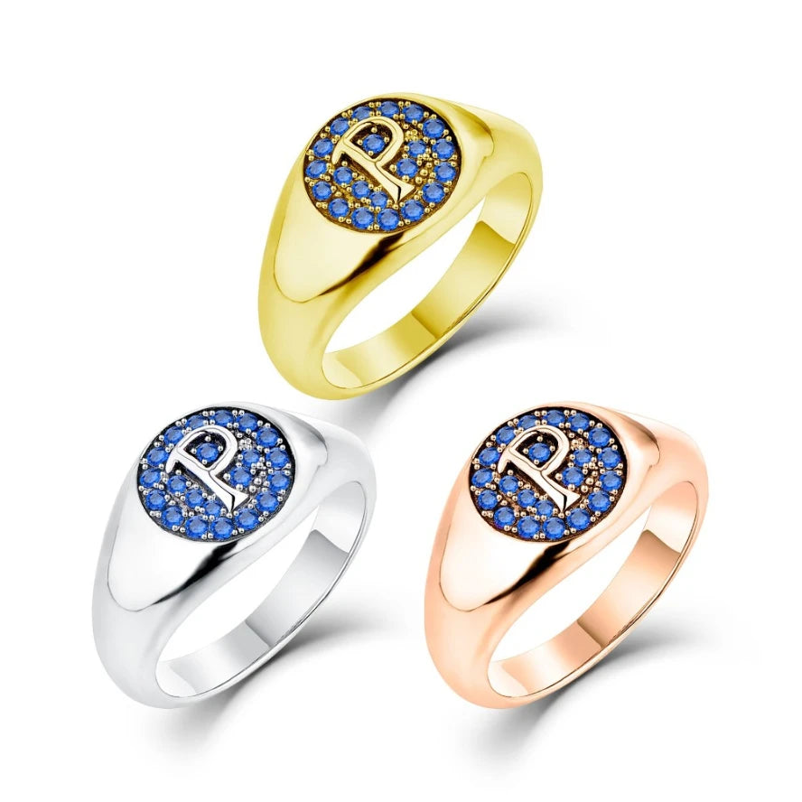 Wholesale Custom 925 Sterling Silver Signet Ring Blue Cubic Zirconia Initial P Gold Plated Jewelry for Men Women