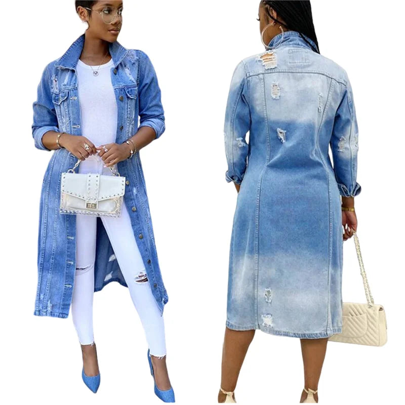 YQY932 Hot Selling Fall & Winter Long Denim Trench Coat Holes Denim Jackets for Ladies Casual Long Jean Jackets for Women