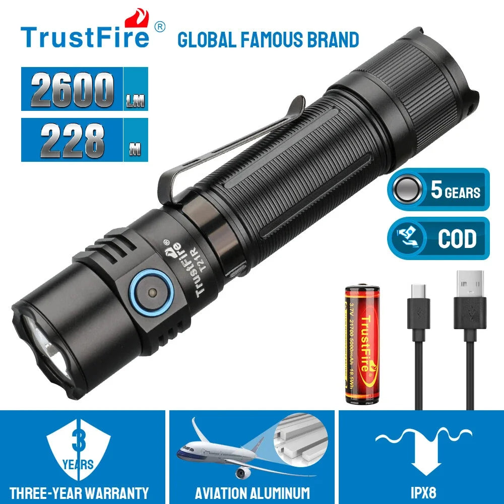 Trustfire T21R Aluminium Alloy Torch 2600Lm Type C Rechargeable Flashlight Camping Hunting Tactical Hand Light Led Flashlight