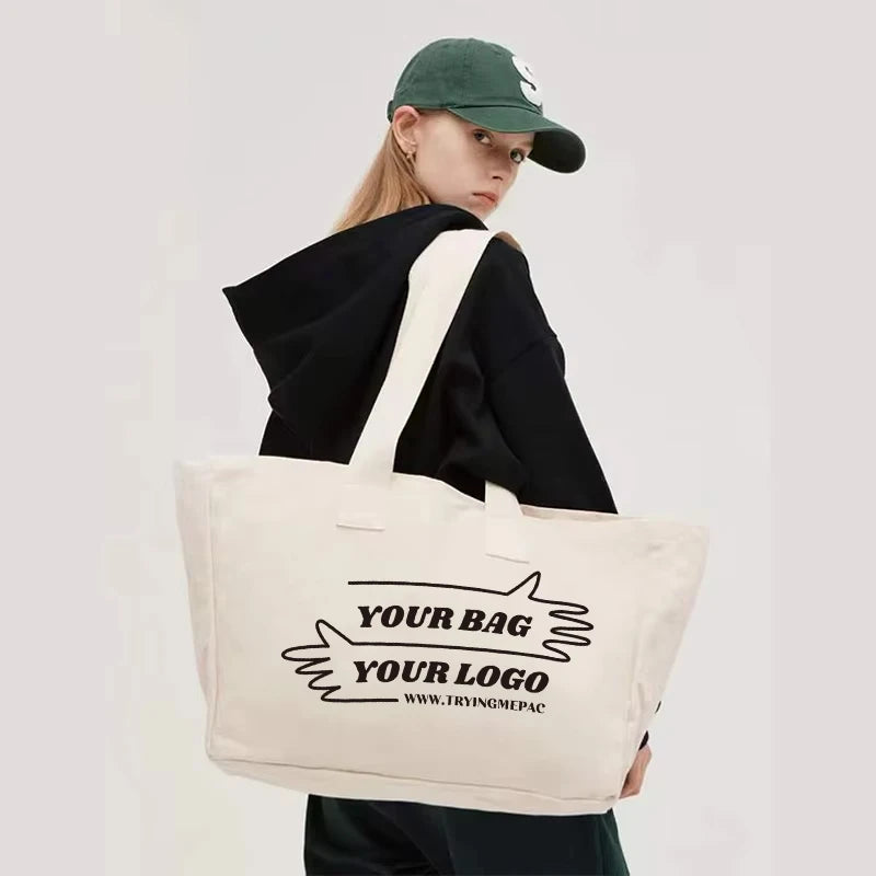 Custom Printed Heavy-Duty Large Canvas Tote Bag Recyclable Cotton Shopping Bag with Personalized Logo Beach Bag Reusable Bulk