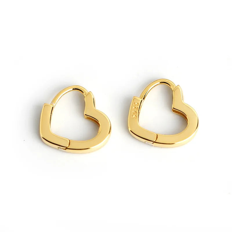Trendy Cute 925 Sterling Silver Love Heart Shaped Hoops Earrings Gold Color Plated  Love Heart Huggie Earrings