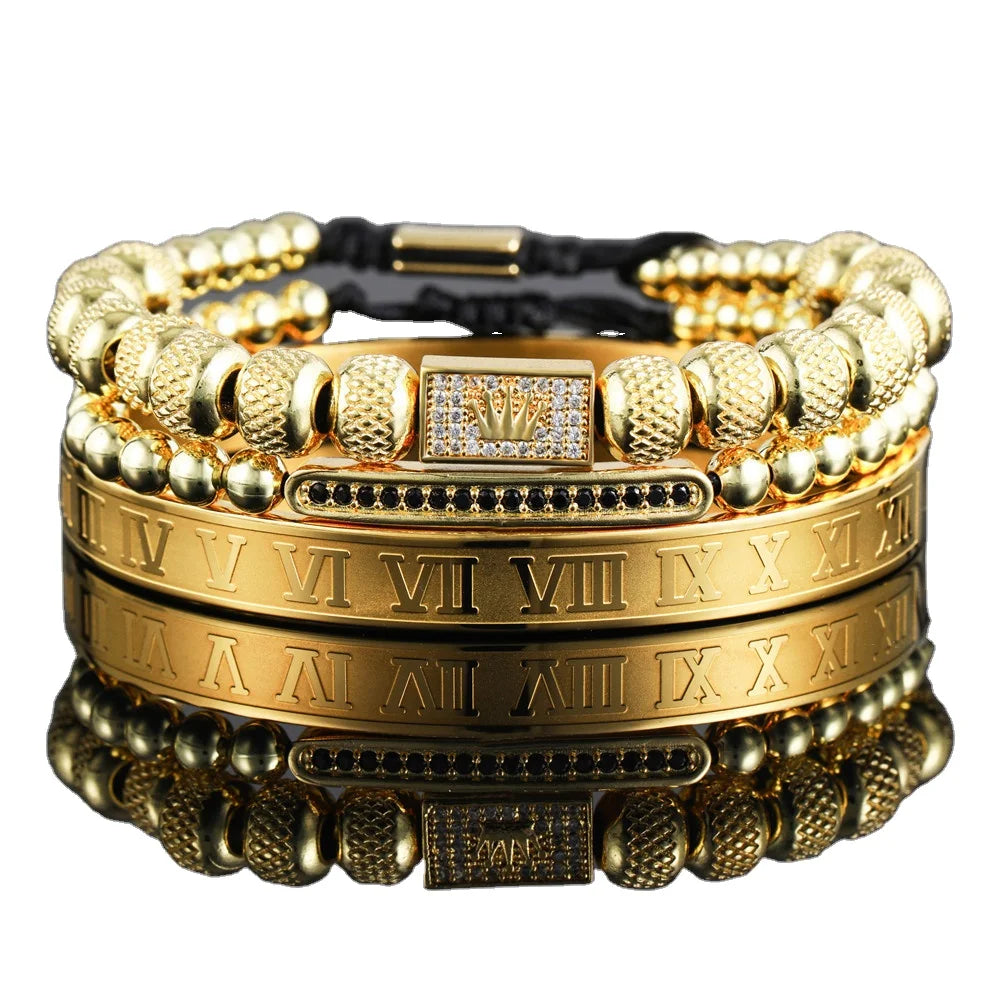 Retro Crown Braided Bracelet Roman Alphabet Stainless Steel Bracelet Set Punk Bracelet Men
