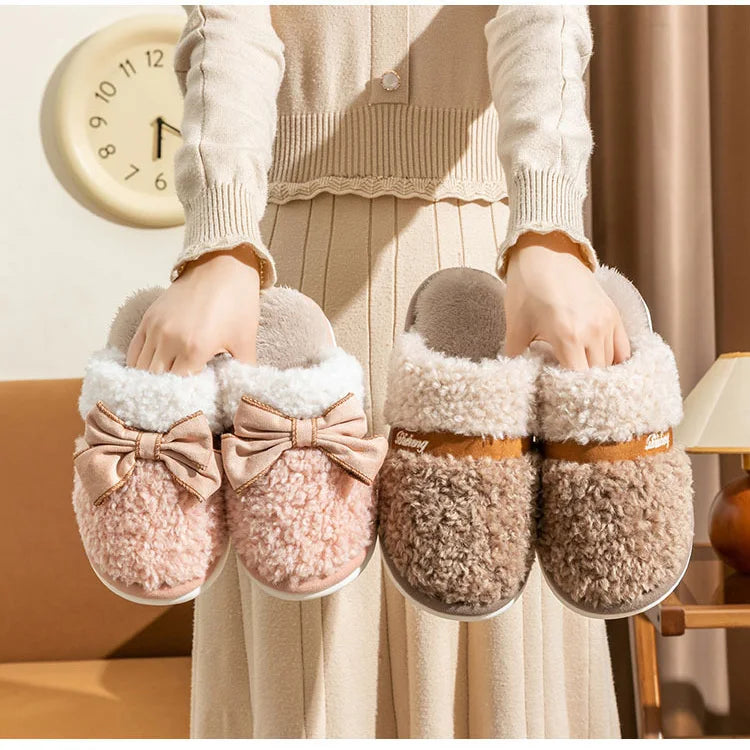 Women Winter Home Indoor High-heeled Warm Non-slip Thickened Sole Plush Men Cotton Slippers
