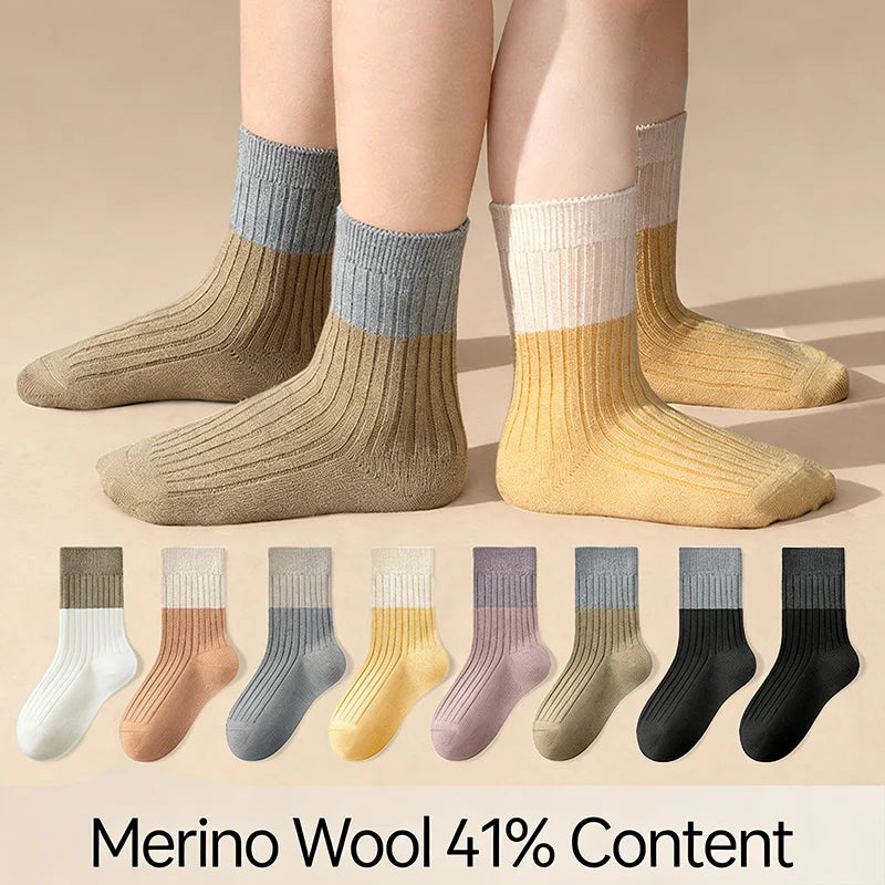 41% Merino Wool Color-Block Ribbed Kids' Crew Socks