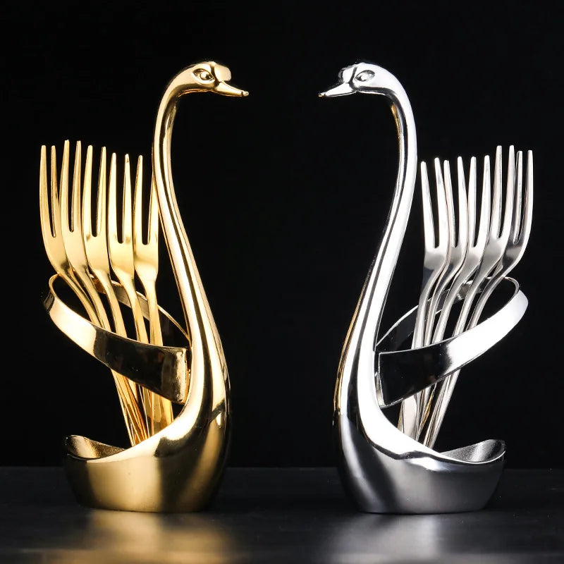 304 Stainless Steel Fruit Fork Cake Fork Dessert Coffee Spoon Swan Base Combination Tableware Set