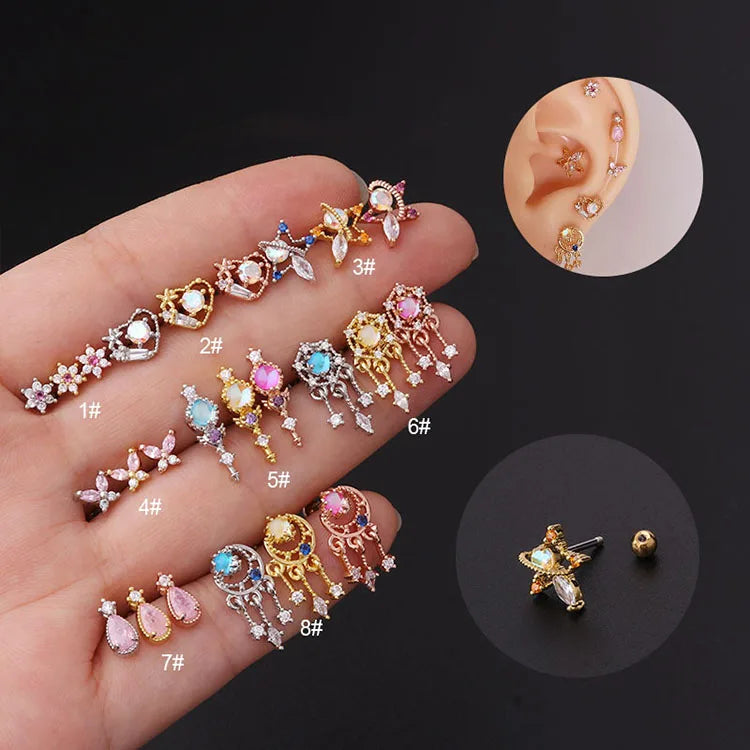 Stainless Steel Jewelry Colorful Heart Star Moon Zirconia Screw Back Stud Ear Piercing Earring Bone Studs Cartilage Earrings