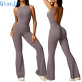2024 Women's Custom Fitness Sports Gym Flared One Piece Yoga Body Jumpsuits Quick Dry Workout Sets Solid Pattern