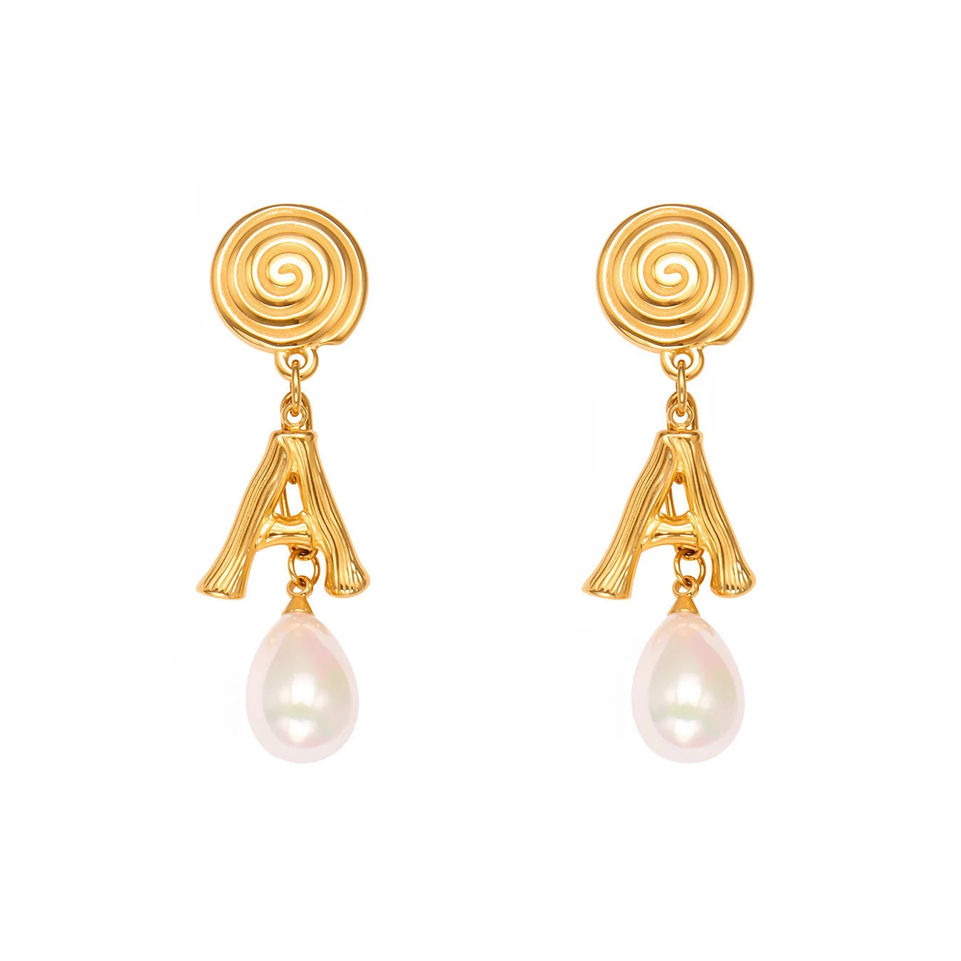 Stainless Steel Threaded Letter a Beaded Tassel Pendant Earrings Gold Plated