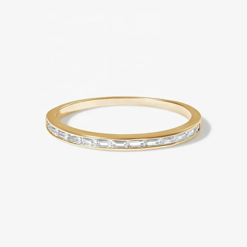 LOZRUNVE 925 Sterling Silver Gold Bezel CZ Delicate Dainty Stackable Baguette Half Eternity Ring Set