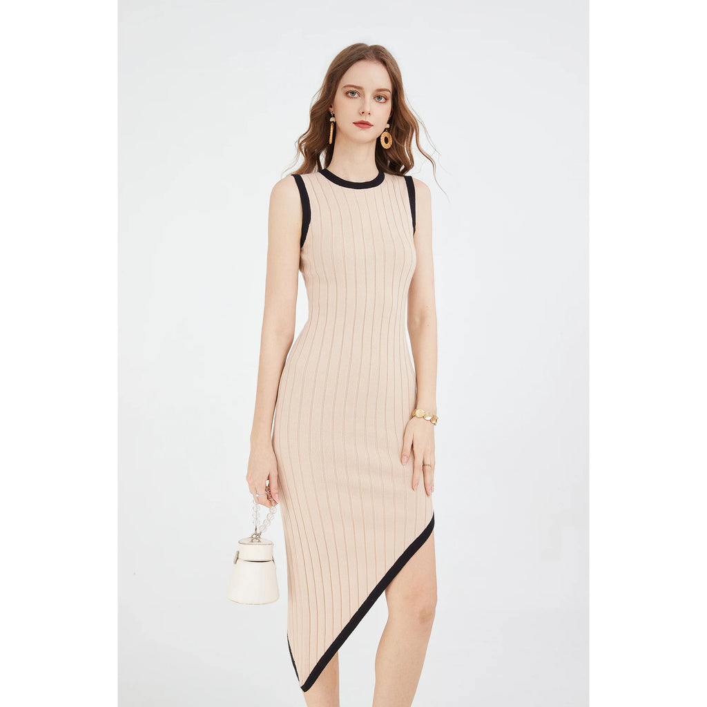 Women's Knitwear Sleeveless Knit Asymmetrical Long Dress Crewneck High Slit Bodycon Summer Midi Tank Dresses
