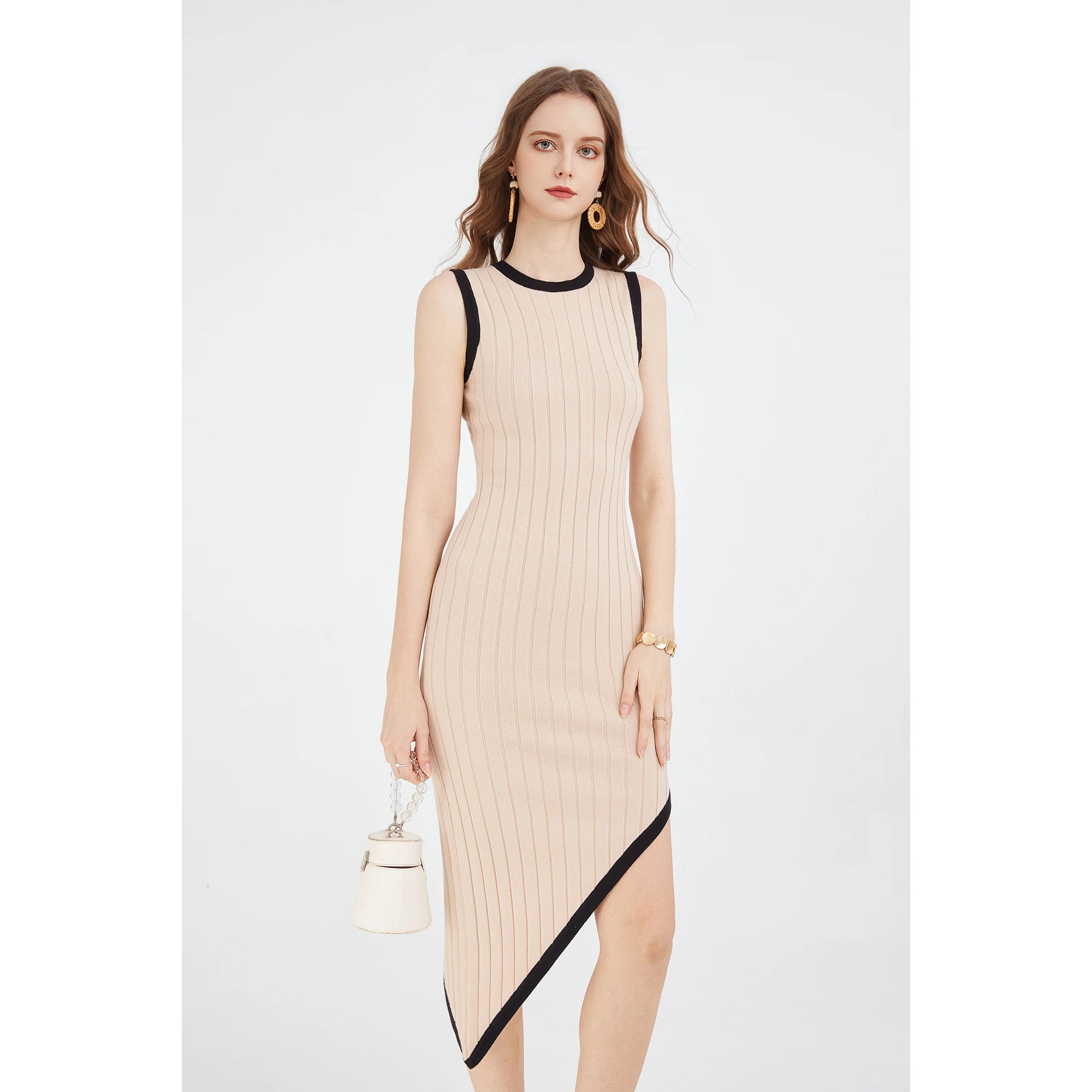 Women's Knitwear Sleeveless Knit Asymmetrical Long Dress Crewneck High Slit Bodycon Summer Midi Tank Dresses