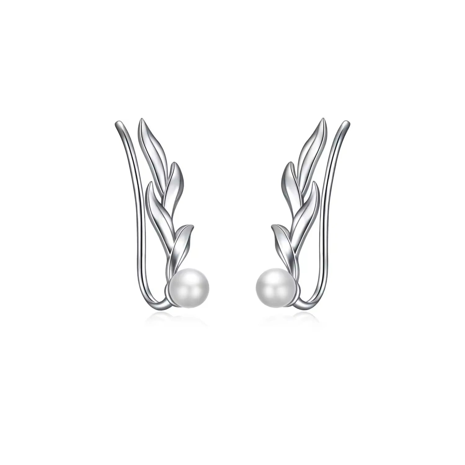 Hypoallergenic Jewelry 925 Sterling Silver Leaves Sapling Freshwater Pearl Ear Cuff Clip-On Earrings