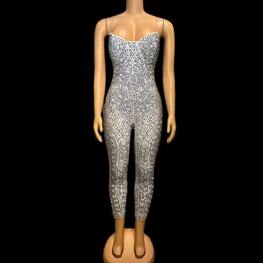 Fashion Spaghetti Strap Crystal Stage Dance Leotard Bodycon Party Romper Women One Piece Bodysuit Night Club Rhinestone Jumpsuit