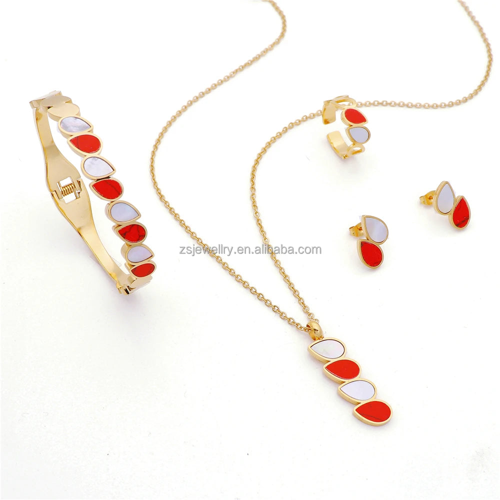 Plated Women Yuminglai Set 2021 4pcs Jewelry Sets Gold Waterdrop Shell Stone Stainless Steel Red Zircon 1pc/opp Bag Water Drop