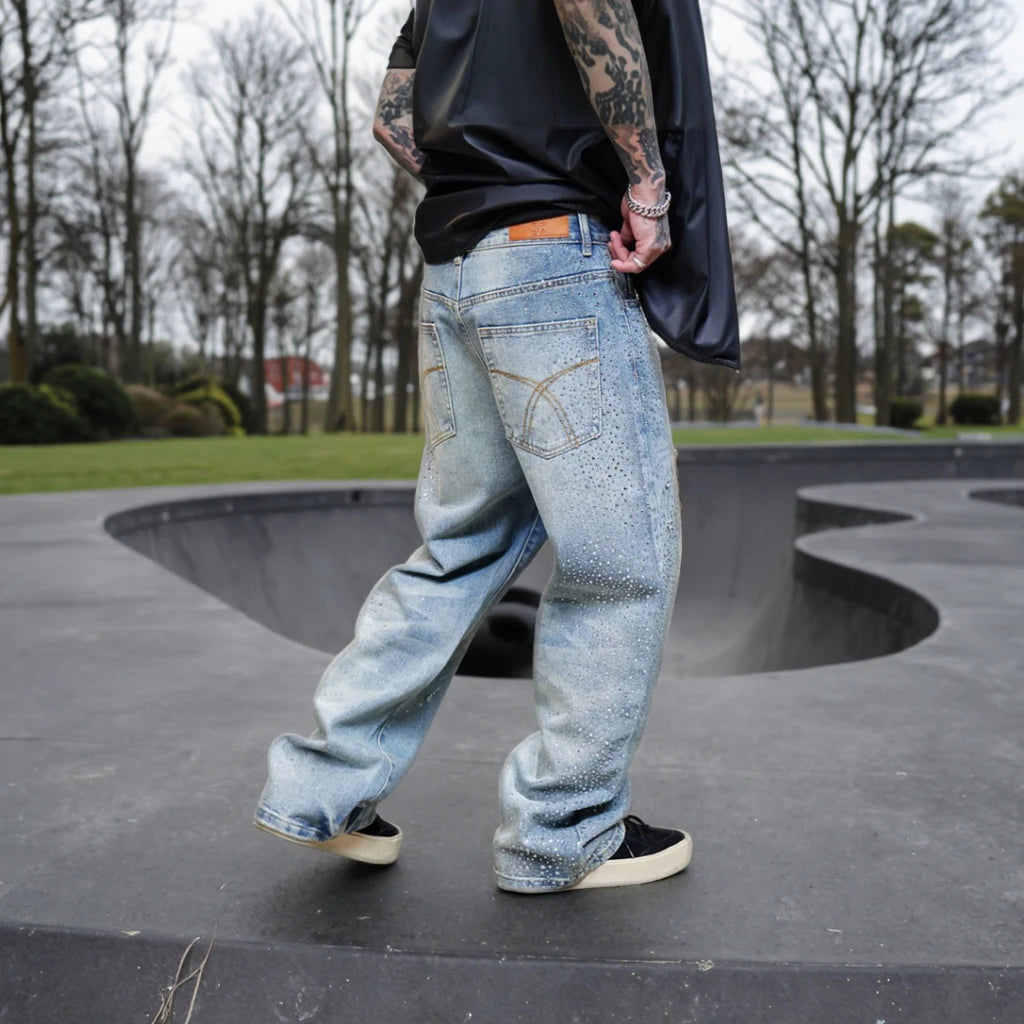 Custom Label Streetwear Men's Wide Leg Stacked Flared Denim Jeans Men Street Wear Washed Baggy Jeans with Crystal Rhinestone