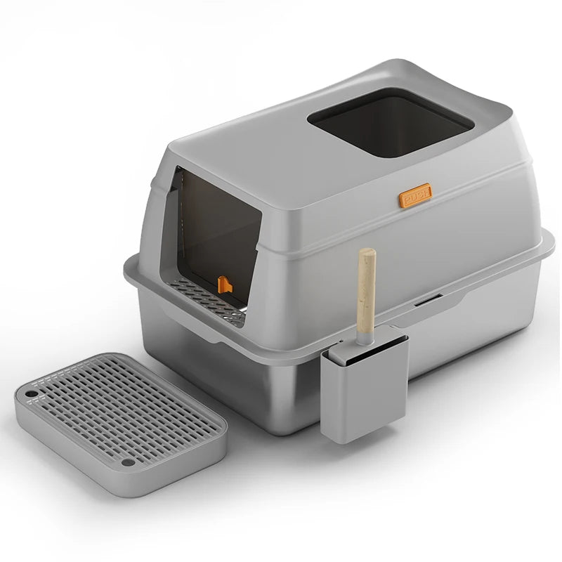 Household Grey Pet Toilet With Shovel Easy Cleaning Large Capacity Portable Stainless Steel Cat Litter Box