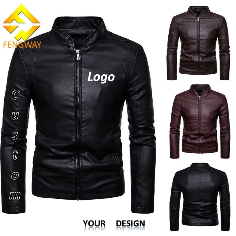 Fengway Custom Men's Stand Collar Casual Leather Motorcycle Jacket All-Match Fall Bomber Coat Trendy PU Leather for Men