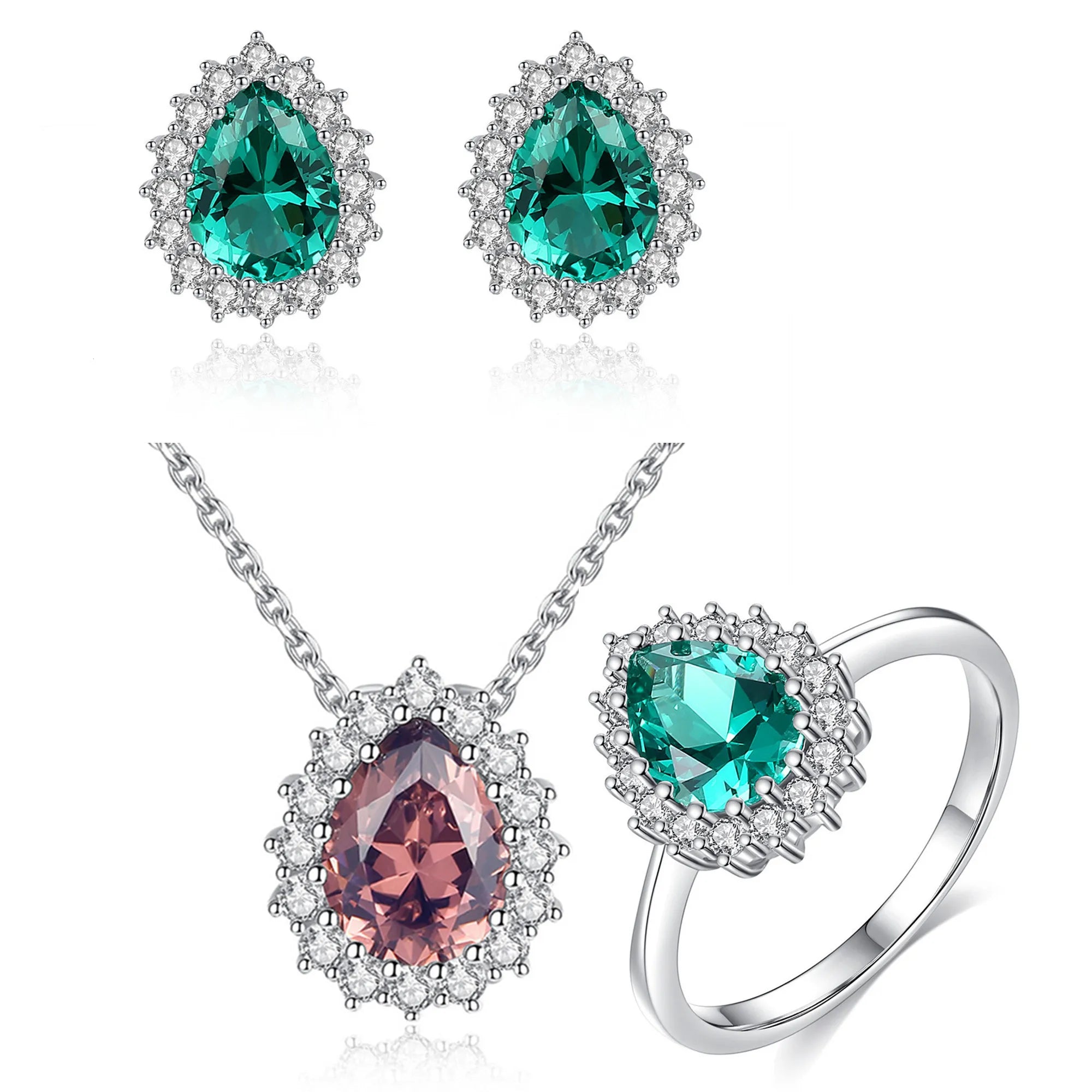 Hotsale Fashion Women Jewelry Set 925 Sterling Silver Jewelry Cubic Zircon Pear Cut Synthetic Color Stones Ring Necklace Earring