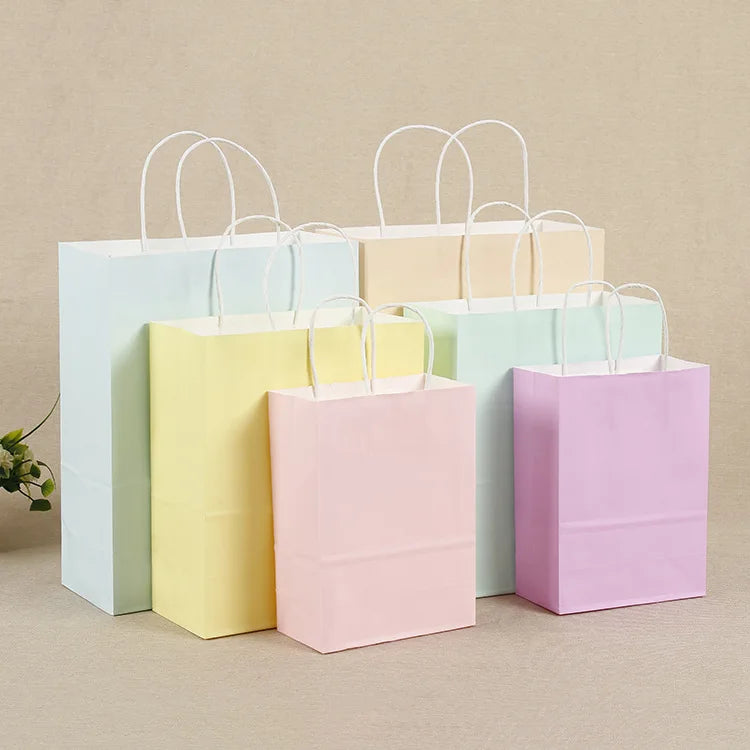 OMT Bolsas De Papel Sac Recycled Large Medium Small Blue Print Macaron Colorful Custom Logo White Brown Kraft Paper Carry Bag