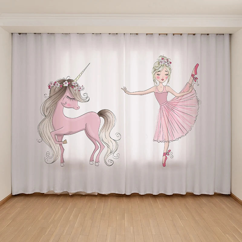 XinLan Custom Digital Printed Cute Cartoon Blackout Window Drapes Pink Unicorn Princess Style Decor Curtains